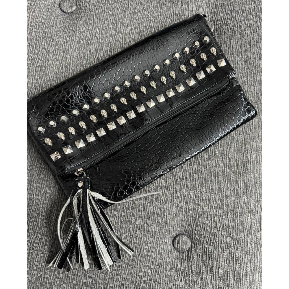 Black Croc Embossed Faux Leather Skull Studded Clutch Handbag Tassel Bag